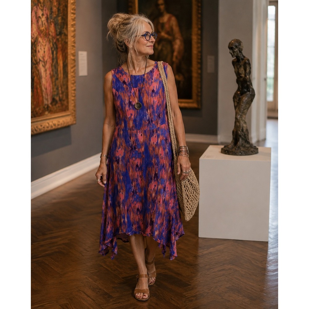 Roaman's Handkerchief Hem Dress Womens 18W Abstract Print Lagenlook Art to Wear
